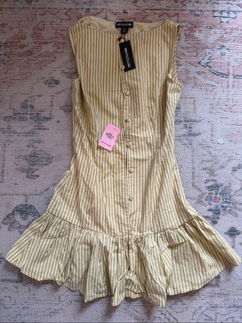 PrettyLittleThing Yellow & Cream Striped Button-Front Ruffle Dress